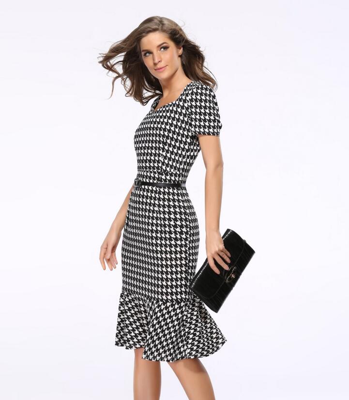 F2496 Stylish Houndstooth Printed Short Sleeves Fitted Fishtail Bottom Dress